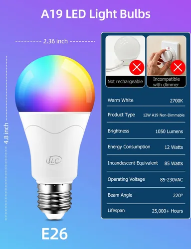 Miniatura 9 de ILC Bombilla LED equivalente a 85 W, bombillas que cambian de color, 2700 K, blanco cálido, control remoto RGB 6 modos, temporizador
