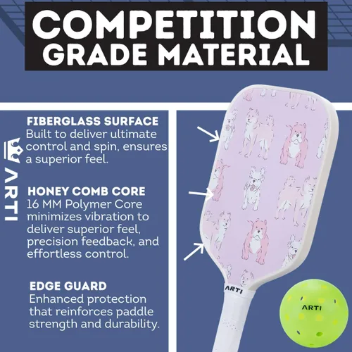Miniatura 2 de ARTI Juego de 2 palas de pickleball aprobadas por USAPA, 2 raquetas de pickleball, 4 bolas y 1 bolsa de transporte portátil Perros y jirafas