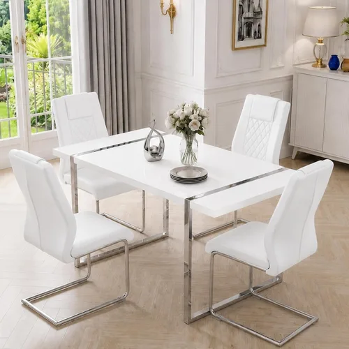 Miniatura 29 de Juego de mesa de comedor moderna de 55 pulgadas para 4, mesa de comedor negra y marco de metal dorado, mesa de comedor rectangular con 4 sillas