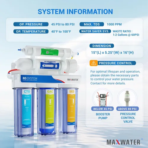 Miniatura 2 de Max Water 5 etapas 50 GPD (Galones Por Día) Sistema estándar de filtración de agua RO (Ósmosis Inversa) - Instalación bajo el fregadero/montaje