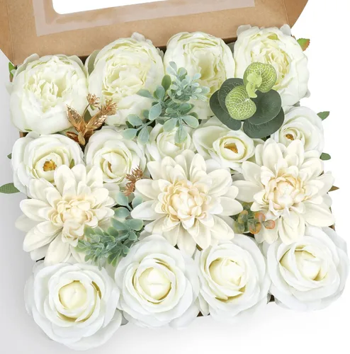 Miniatura 21 de AmyHomie - Juego de flores artificiales blancas, mezcla de seda, peonía, rosa, hortensia, margarita, con tallo, para bricolaje, centros de mesa