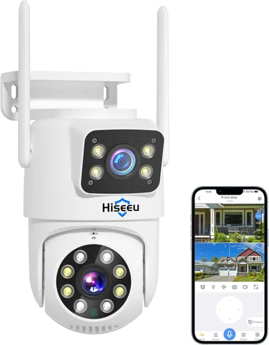 Hiseeu - Cámara de seguridad inalámbrica, WiFi 5G/2.4G, vista de lente dual, control de inclinación, zoom, visión nocturna a todo color, detección