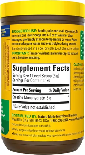 Miniatura 10 de Nature Made Polvo de Monohidrato de Creatina Micronizada 5 g por Porción, Polvo de Mezcla para Bebidas Sin Sabor, Apoyo Muscular, 450 g, Suministro