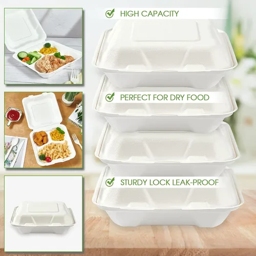 Miniatura 4 de Vplus Paquete de 300 Recipientes compostables para llevar con diseño de concha, de 20,3 x 20,3 cm, desechables y ecológicos, con 3 compartimentos