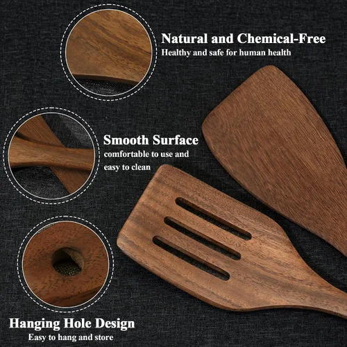 Miniatura 2 de Espátula de Madera Antiadherente Volteador de Madera de Acacia, Espátulas Planas para Freír con Mango Largo de 12 Pulgadas Hechas a Mano