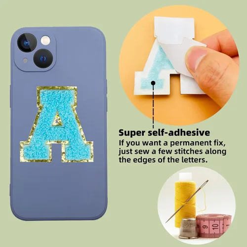 Miniatura 4 de Jongdari Parches de letras de chenilla autoadhesivas y termoadhesivas, parche universitario mullido del alfabeto con purpurina, 26 unidades, azul