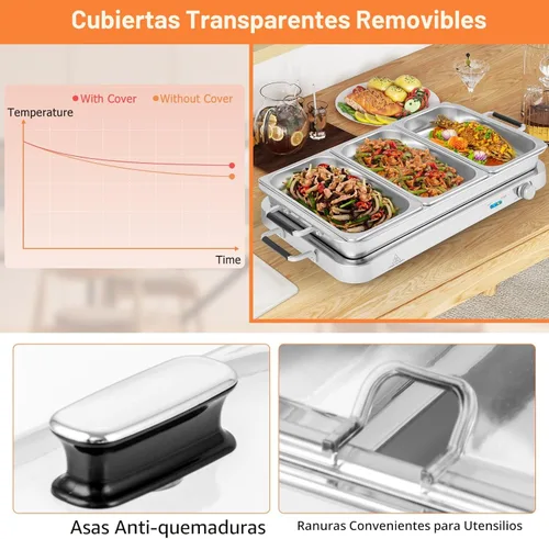 Miniatura 6 de Giantex Servidor de Buffet y Calentador de Alimentos Eléctrico, Bandeja de Calentamiento de Alimentos 2 en 1, Temperatura Ajustable, 3 Bandejas