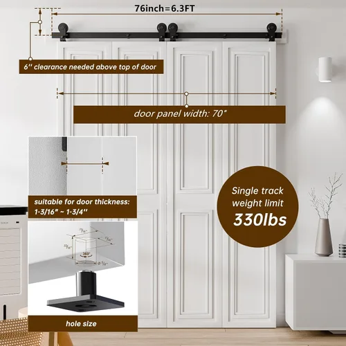 Miniatura 2 de Kit de herrajes para puerta corrediza de granero plegable de 76 pulgadas para 4 puertas, rodillo de montaje superior, suave y silencioso, fácil