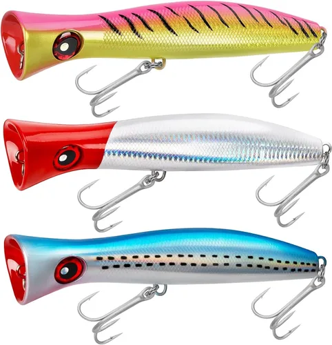 Miniatura 10 de THKFISH Topwater Señuelos de pesca de agua salada GT Popper con 3 ganchos fuertes, pesca de surf, 1 unidad/3 piezas 3 unidades de 3