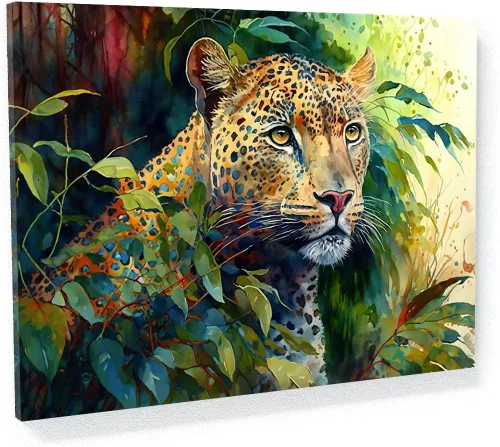 Miniatura 32 de Sense Canvas Arte en lienzo con retrato de leopardo verde 2 – Decoración del hogar para pared, póster grande 40 x 30 / 0.75 pulgadas