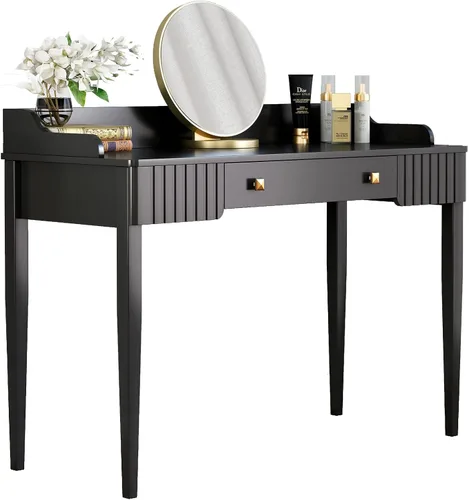 Miniatura 3 de Escritorio de maquillaje de madera negra que ahorra espacio, mesa moderna para computadora con cajones y asas doradas