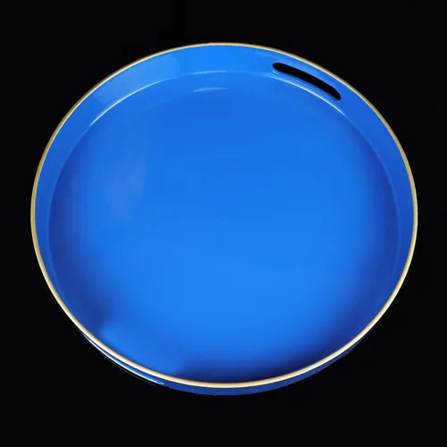 Miniatura 4 de Bandeja decorativa redonda azul con asas, bandeja de servir elegante de 13" para mesa de café, estilo otomano para sala de estar, baño, exteriores