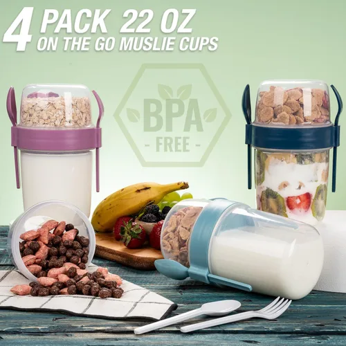 Miniatura 8 de Paquete de 4 Tazas de Desayuno Para Llevar de 22 oz con Tapas y Cuchara, Taza de Cereal y Yogur Reutilizable con Topping, Recipiente de Plástico