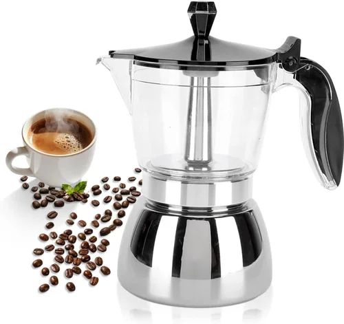 6 tazas de café de acero inoxidable, prepara italiano clásico con nuestra olla Moka Pot de cristal de primera calidad, diseño octogonal para