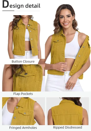 Miniatura 18 de Xeoxarel Chaleco de mezclilla para mujer, chaqueta vaquera sin mangas (XS-XXL)