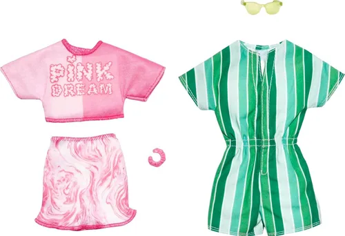 Barbie & Ken Fashions - Conjunto de ropa y accesorios de 2 piezas, camiseta rosa de ensueño y falda con pulsera para muñeca Barbie y mameluco a