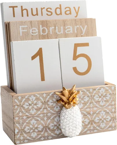 Notakia Calendario Perpetuo de Bloques de Madera Vintage para Mes, Semana y Fecha, para Decoración Rústica de Escritorio en Casa u Oficina, Piña