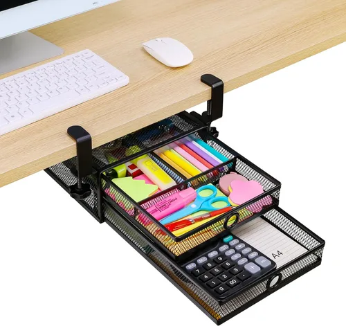 ROSYLINE Organizador de cajones para debajo del escritorio y escritorio, organizador de cajones deslizantes de metal de 2 niveles, almacenamiento