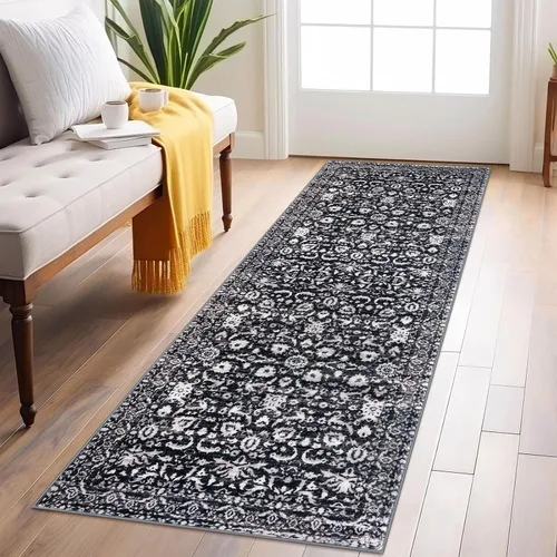 Miniatura 60 de Lansny Alfombra bohemia de 2 x 3 pulgadas, lavable, color negro, azul marino, floral, alfombra de cocina, alfombra de área pequeña de lana
