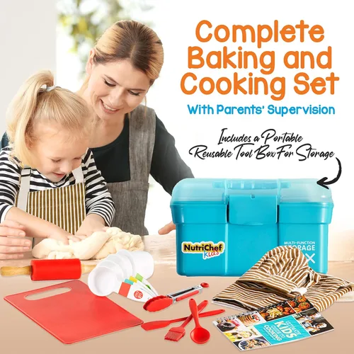 Miniatura 5 de NutriChef Juego de cocina y horneado para niños, juego completo de cocina para niñas y niños, incluye delantal de pequeño chef. Suministros