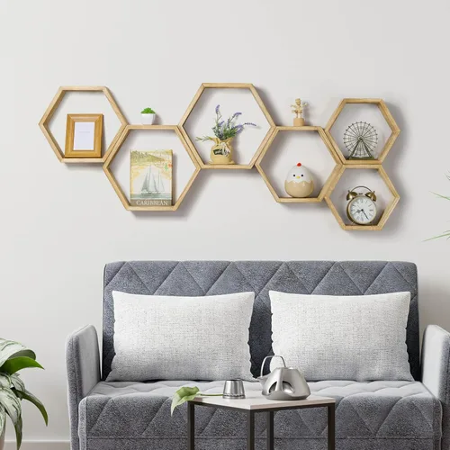 Miniatura 5 de YBING Estantes flotantes hexagonales montados en la pared de madera de granja de almacenamiento de nido de abeja, juego de 6 estantes hexagonales