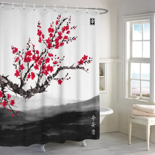 Renaiss Cortina de ducha japonesa con flores de cerezo de 60 x 72 pulgadas, árboles de flores de ciruelo rojo, ramas de estilo chino, arte de