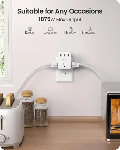 Miniatura 7 de LENCENT Adaptador de 3 clavijas a 2 clavijas, paquete de 2, extensor de 3 tomas de corriente con 3 puertos USB, cargador de pared, divisor extensor