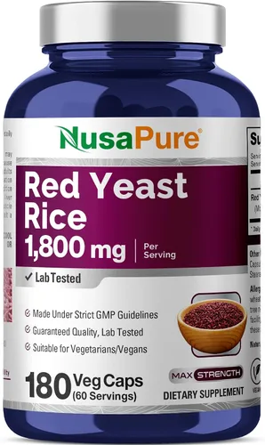 NusaPure Arroz de levadura roja 1800 mg 180 cápsulas vegetarianas (sin OMG, sin gluten)