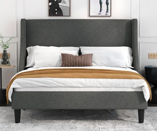 Miniatura 3 de Allewie Estructura de Cama de Plataforma Tamaño Full con Cabecera Tapizada – Diseño Moderno Deluxe con Respaldo Alado, Soporte de Listones de Gris