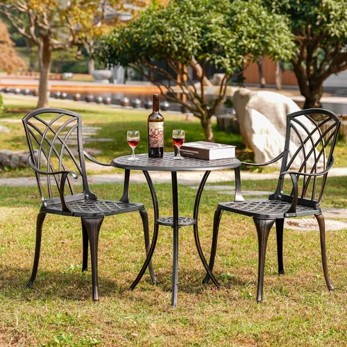 Miniatura 6 de Juego de 3 piezas de bistró para patio al aire libre, juego de mesa de bistró resistente a la oxidación con agujero para sombrilla, juego de mesa
