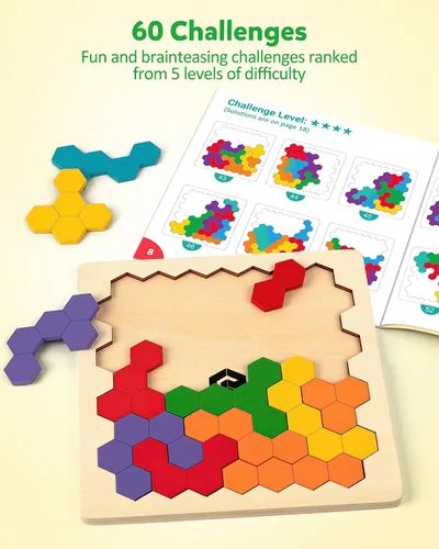 Miniatura 4 de Coogam - Rompecabezas de madera Tangram, rompecabezas de forma y color 3D, juego de lógica y coeficiente intelectual geométrico, bloques Montessori