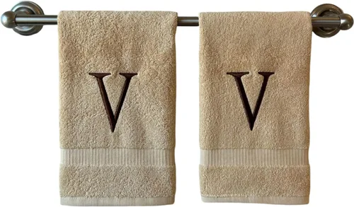 Miniatura 157 de Toalla de mano con inicial beige para baño, toalla bordada decorativa de calidad de hotel de lujo con monograma para tocador, spa, certificado