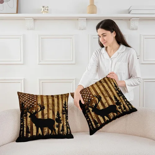 Miniatura 4 de Funda de almohada de piel de vaca, con bandera estadounidense, ciervos, cuernos de caza, para decoración del hogar, sala de estar, funda de cojín