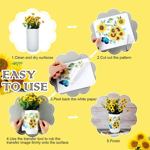 Miniatura 3 de 9 hojas de transferencia de girasol para muebles y manualidades, primavera y verano, flores vintage, mariposas, primavera, calcomanías