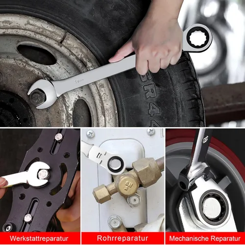 Miniatura 8 de WISEUP - Llave de trinquete CR-V forjada, llave de trinquete de cabeza flexible de 10 mm, llave de diseño industrial de doble uso, herramientas