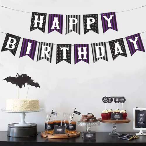 Decoraciones de cumpleaños de miércoles con remolinos colgantes negro y morado, decoración de fiesta, pancarta gótica de tela de araña morada,