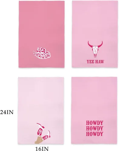 Miniatura 3 de QODUNG Pink Preppy Howdy Yeehaw Western Cowgirl Boots Hat Bull Skull Toallas suaves de 16 x 24 pulgadas, juego de 4, toallas de mano de tela