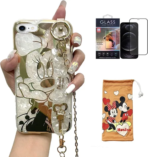 Miniatura 13 de Funda de dibujos animados para iPhone 7/8/SE de 4.7" con protector de pantalla HD, Mickey Mouse con correa de muñeca, soporte, cadena de metal