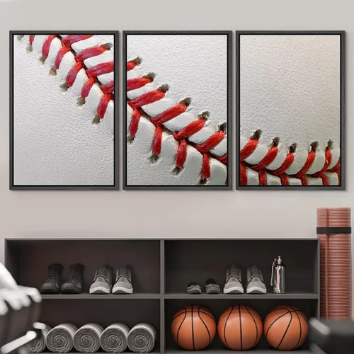 Miniatura 2 de wall26 Lienzo enmarcado para pared, juego de arte de primer plano, detalles de costuras de béisbol, atletas deportivos, fotografía, moderno