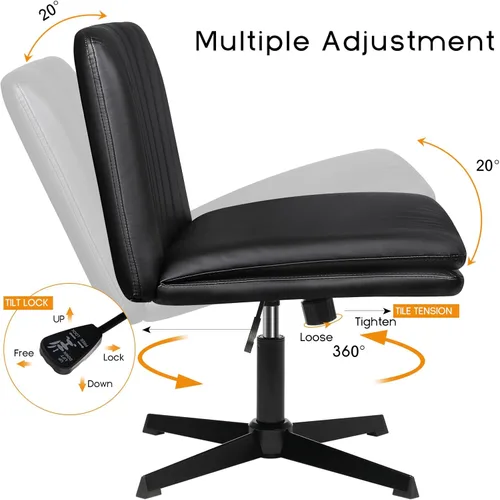 Miniatura 7 de PUKAMI Silla de Oficina con Patas Cruzadas, Silla de Escritorio de Oficina sin Brazos sin Ruedas, Cuero PU Tocador Giratorio Moderno, Asiento Ancho