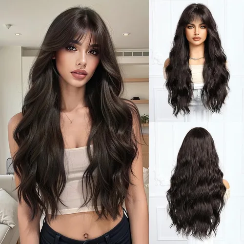 Miniatura 10 de Esmee Pelucas largas onduladas de color rubio ceniza para mujer con flecos, peluca de cabello sintético natural para uso diario y de fiesta