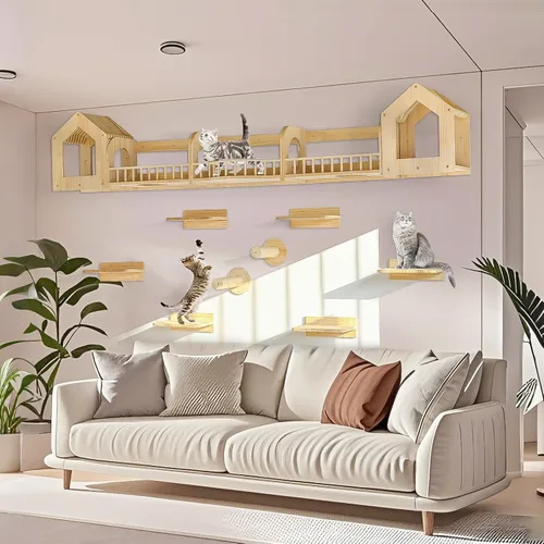 Miniatura 8 de Juego de estantes y muebles de pared para gatos con condominios, perchas, escaleras de puente, postes rascadores de sisal - escalones y casas