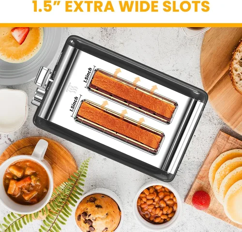Miniatura 4 de Simple Deluxe Tostadora de 2 rebanadas, 6 ajustes de tostado y tostadora de acero inoxidable de 3 funciones, ranura extra ancha y bandeja extraíble