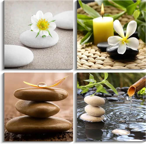 NAN Wind Lienzo Zen para pared, spa, bodegón, con fuente de bambú verde y piedra zen, pintura de flores de jazmín, cuadros para decoración del