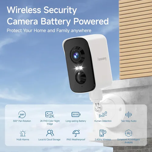 Miniatura 2 de fanxiang Cámara de seguridad inalámbrica 2K con batería recargable para exteriores, WiFi, rotación panorámica de 300°, detección de movimiento AI