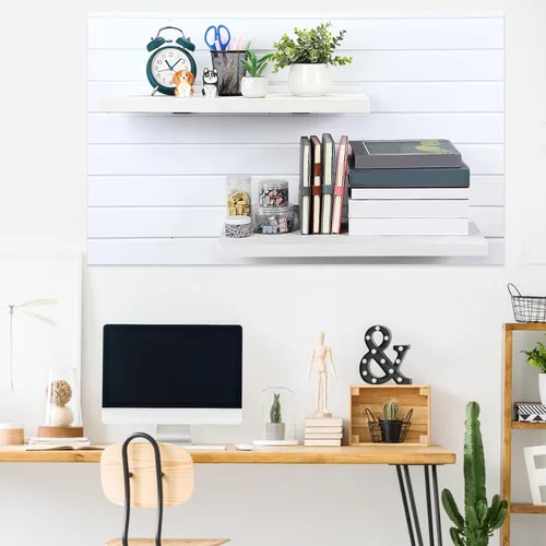Miniatura 2 de Landical Juego de 4 estantes flotantes de madera para pared, estantes de pared de listones blancos con ganchos de metal, accesorios para sala