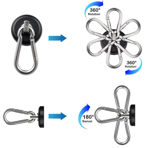 Miniatura 4 de WELLZEER Ganchos magnéticos de 100 libras, ganchos magnéticos negros con mosquetón giratorio para colgar refrigerador, fuerte imán de neodimio