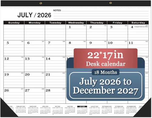 Calendario de escritorio 2025-2026 grande 22 x 17 pulgadas (julio de 2025 a diciembre de 2026) calendario de escritorio grande 22 x 17, calendario