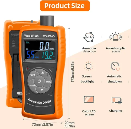 Miniatura 3 de Detector de gas de amoníaco, monitor NH3 de 0 ~ 100 PPM, detector de gas WapoRich NH3, medidor digital de amoníaco con alarma, temperatura (℉/℃)