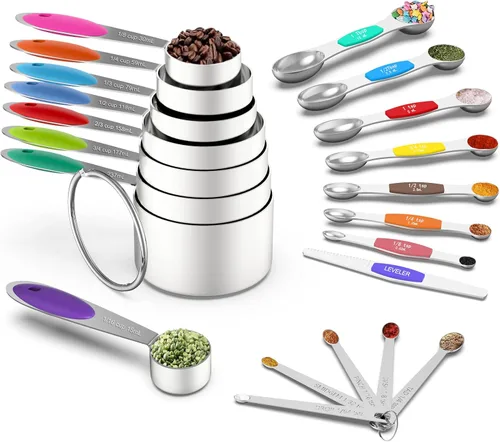Wildone - Juego de 8 tazas medidoras y cucharas medidoras magnéticas, 7 cucharas medidoras magnéticas apilables de doble cara, 1 nivelador y 5 mini